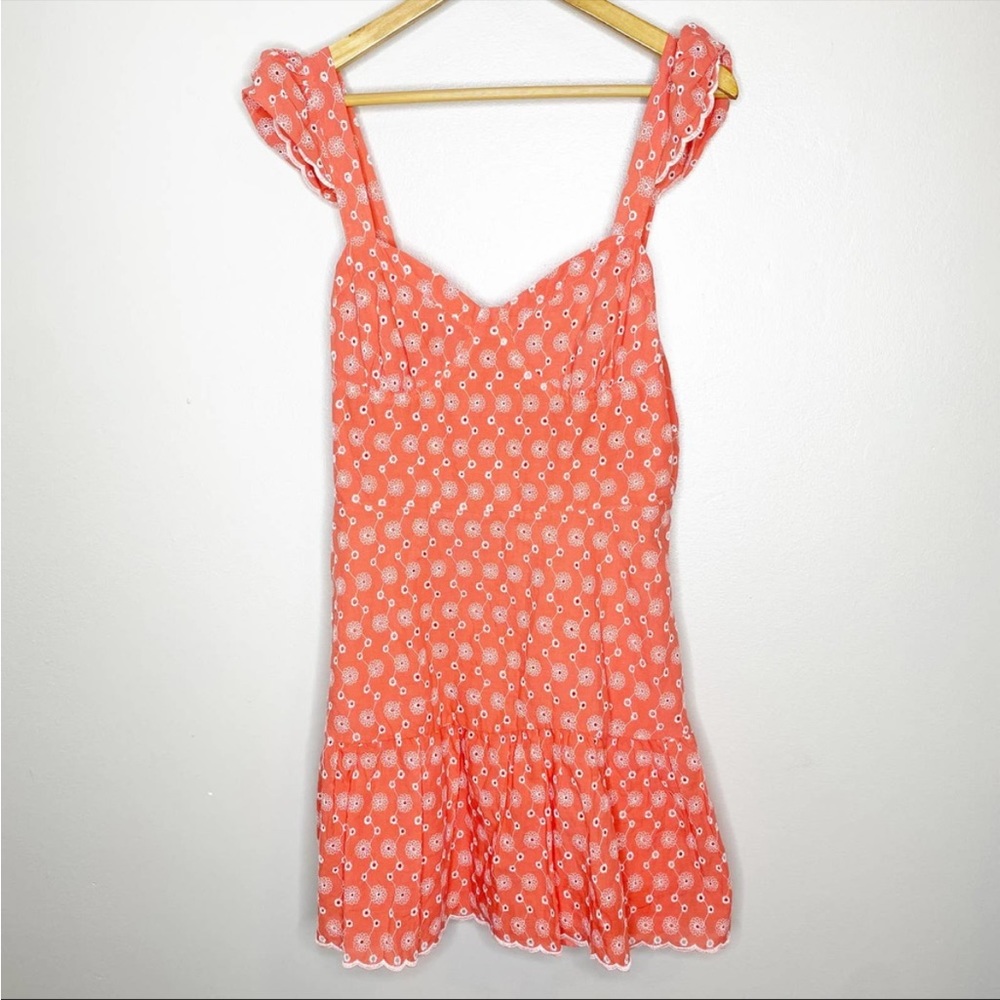 Betsey Johnson Coral Floral Eyelet Ruffle Smocked Mini Dress Large